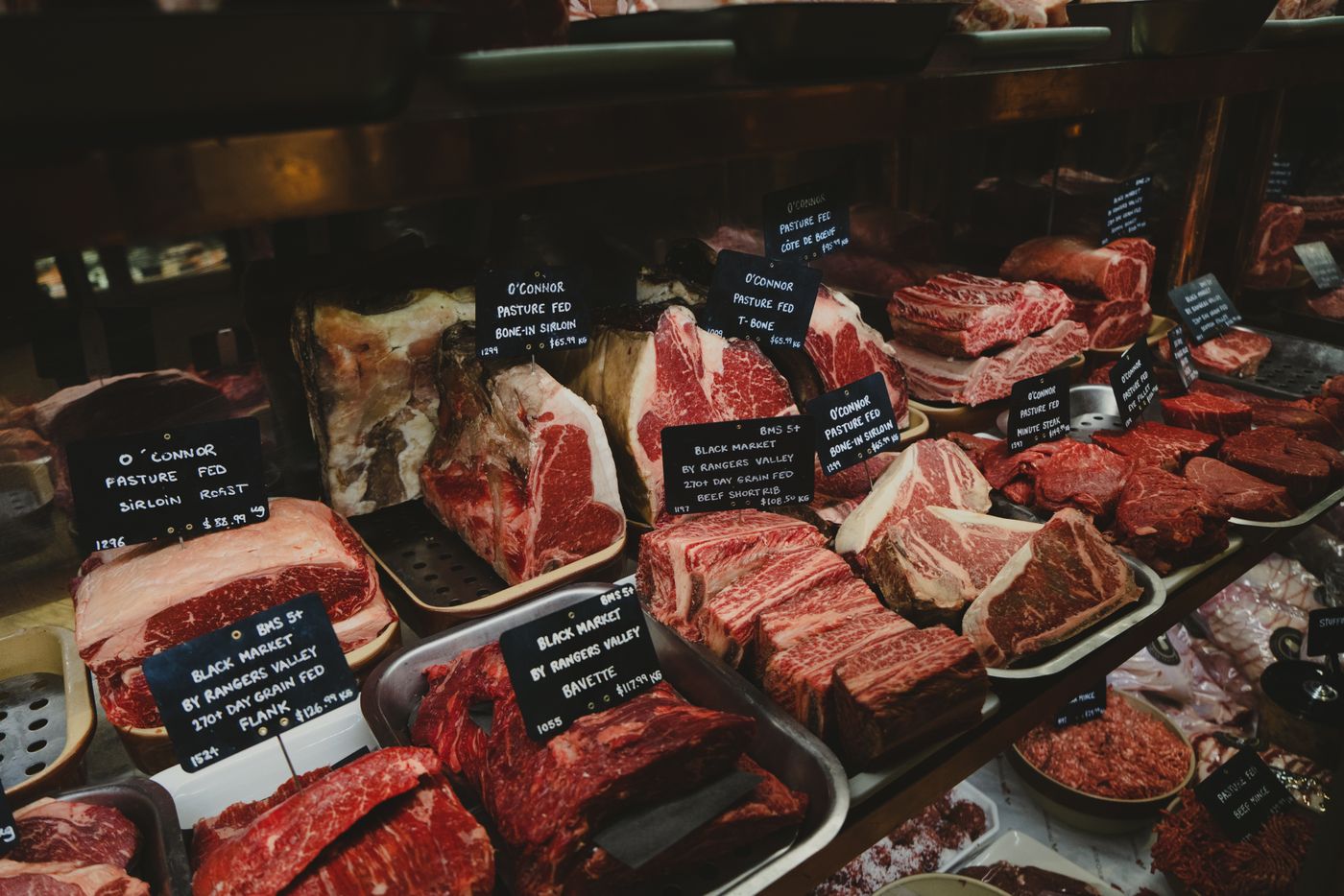 Fresh beef cuts arranged in a butcher counter